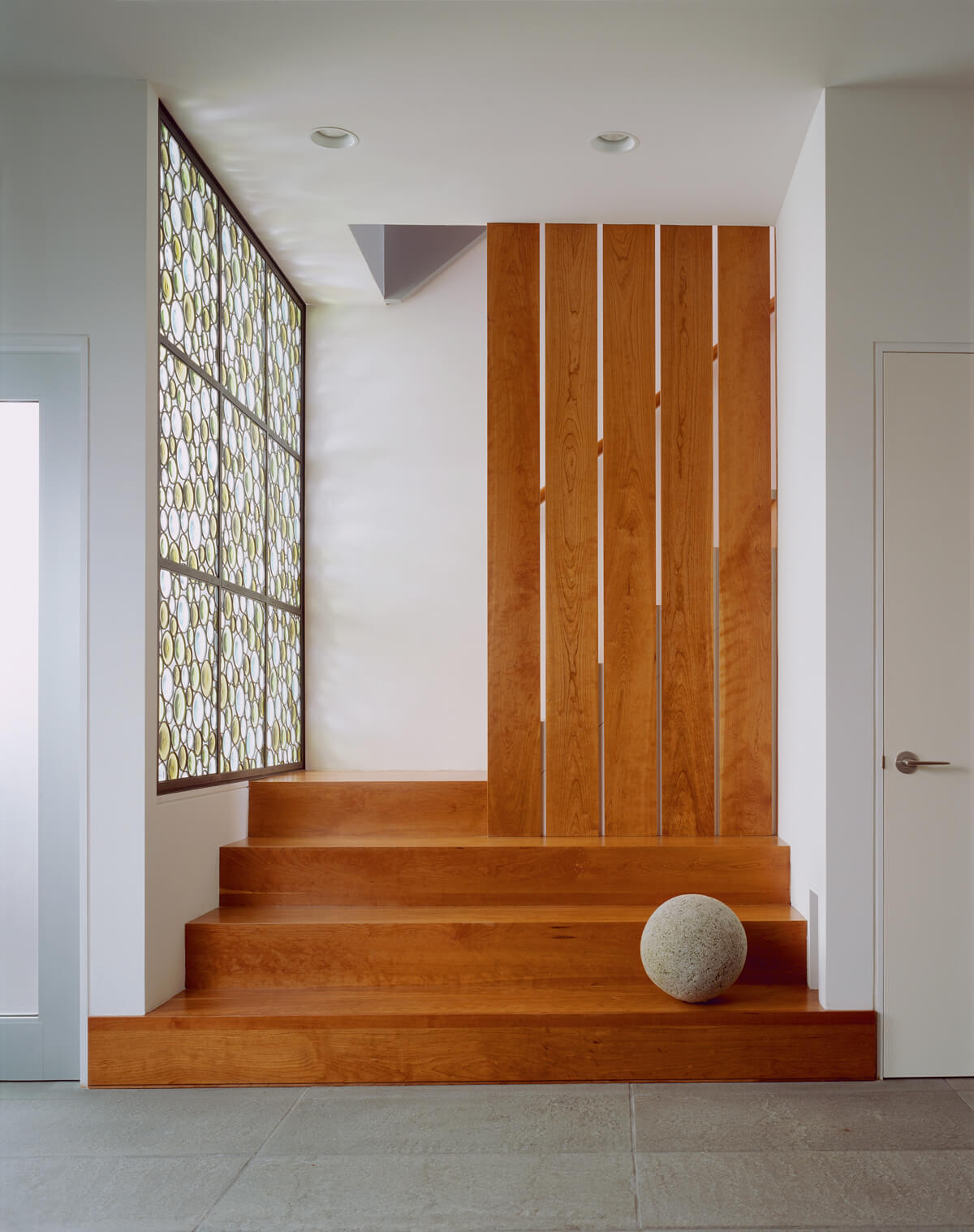 Carroll Gardens Row House wide stair with stained glass rondels